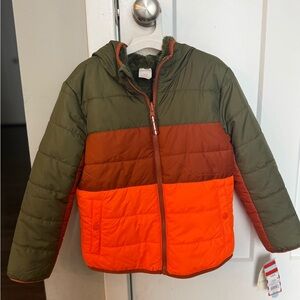 BRAND NEW! Kids' Green and Orange Puffer Coat with Hood